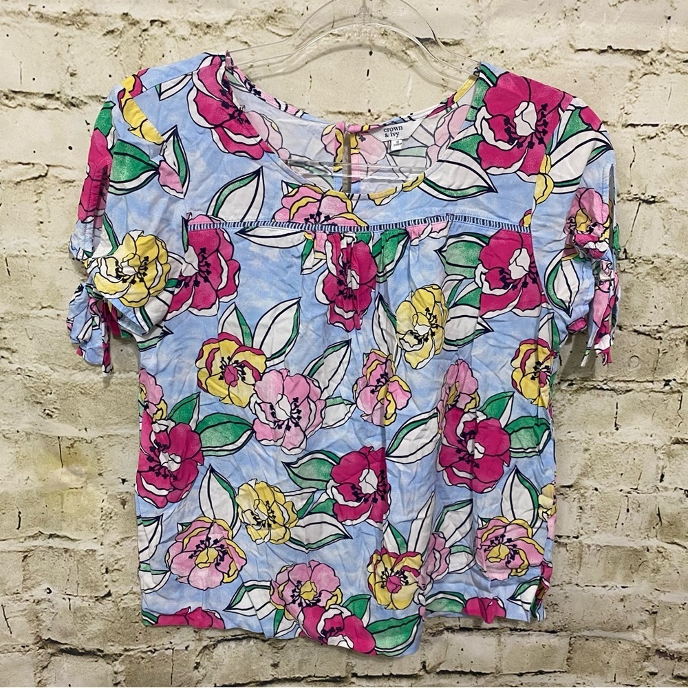 Crown & Ivy Blue Pink Floral Print The Sleeve Blouse Top